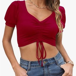 WEEPINLEE Womens Ribbed Front Drawstring Crop Tops Red XL